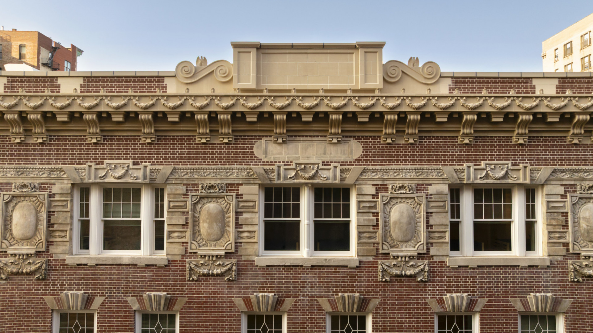 Restored masonry facade and window surrounds at 611 West 112th Street, Columbia University housing