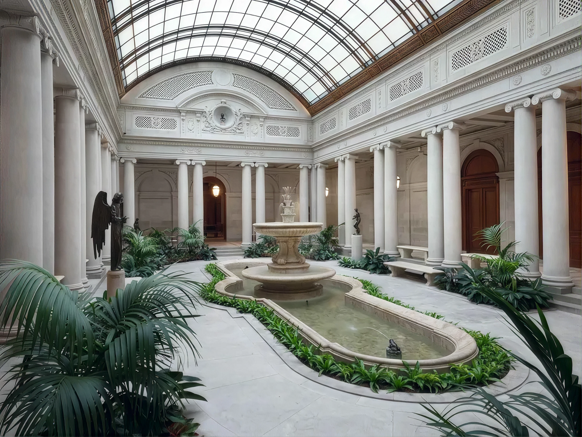 Garden Court planters and fountain under the 1935 glass roof, The Frick Collection