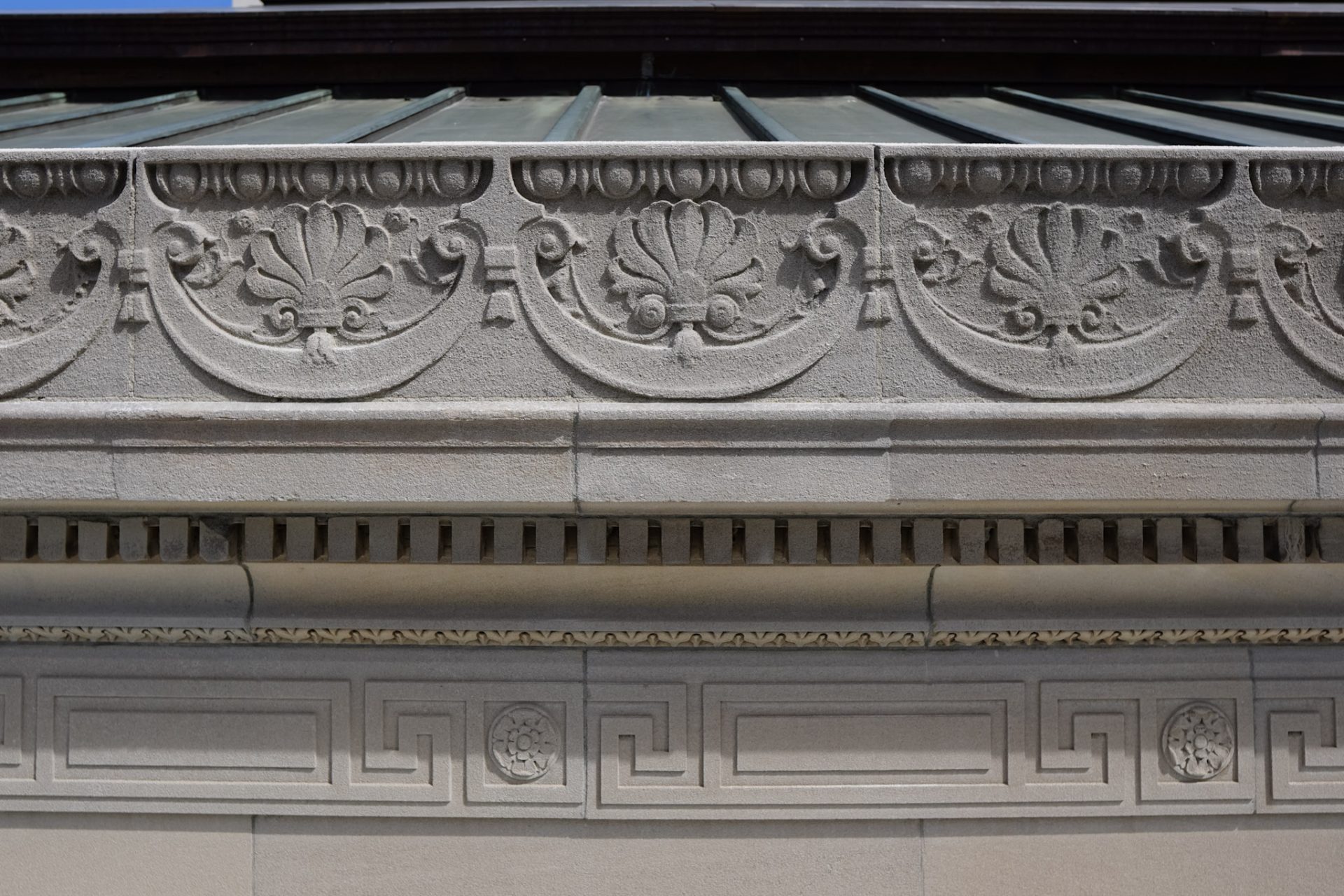 Limestone anthemion frieze after Quintek Rotec cleaning at The Frick Collection in the Upper East Side, Manhattan