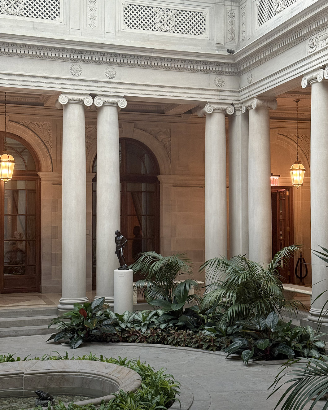 Garden Court planters and fountain at The Frick Collection, Upper East Side, Manhattan