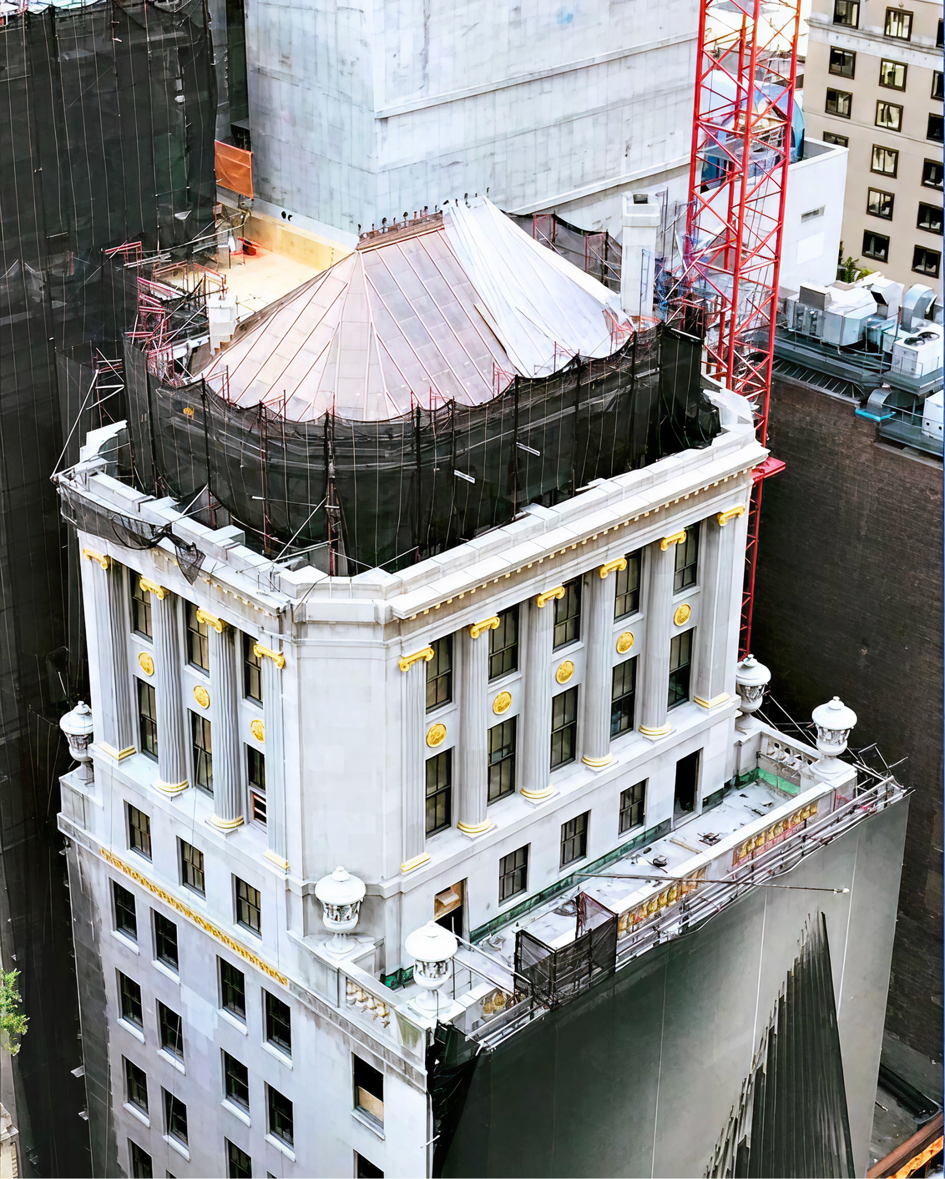 Facade and copper roof restoration at Steinway Tower, 111 West 57th Street, Midtown Manhattan