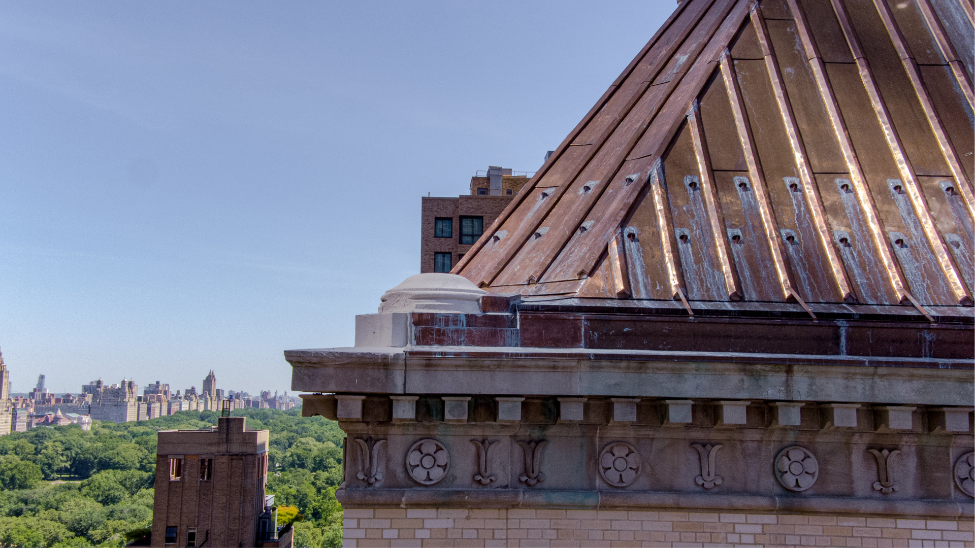 Copper roof restoration at Steinway Hall, 111 West 57th Street, Midtown, Manhattan