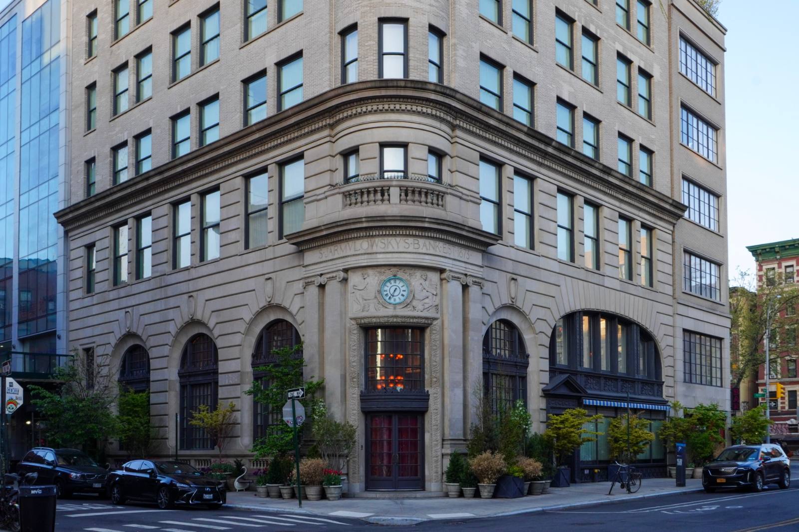 Restored facade of Nine Orchard, the former Jarmulowsky Bank Building on the Lower East Side, Manhattan
